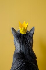 Wall Mural - Gray Cat Wearing a Yellow Paper Crown Against a Yellow Background