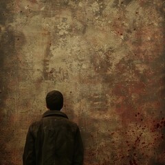 Man in Leather Jacket Facing Grungy Textured Wall