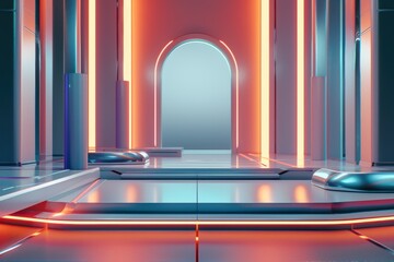 Wall Mural - Futuristic Sci-Fi Corridor with Neon Lights. Empty Spacecraft Interior or Cyberpunk Game Scene