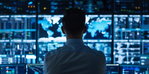 Poster - Back view of a person managing network defense.