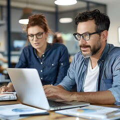 Wall Mural - Two Business Colleagues Working Together on a Laptop in an Office