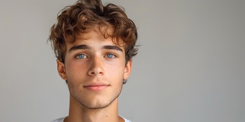 Portrait of a young man with curly hair and blue eyes