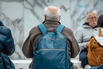 Wall Mural - Two Senior Men Sitting with Backpacks on a Bench in a City