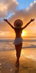 Wall Mural - Woman in Hat Walking on Beach at Sunset