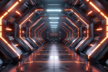 Wall Mural - Futuristic Sci-Fi Corridor with Neon Lights. A 3D Rendered Background for Technology, Gaming, and Cyberpunk Themes