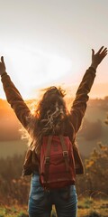 Wall Mural - Woman With Backpack Raises Arms in Sunset