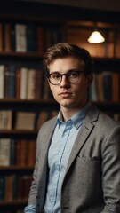 Wall Mural - young guy librarian on office background with copy space portrait