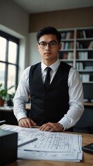 Wall Mural - young guy architect on office background with copy space portrait