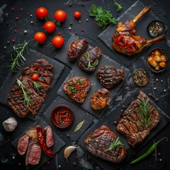 Wall Mural - Restaurant Food Set with Grilled Beef Cheeks, Lamb Legs and Tongues Top View, Various Meat Dishes