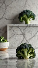 Sticker - broccoli on luxurious white marble table countertop in kitchen background ad concept copy space