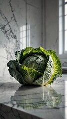 Canvas Print - cabbage on luxurious white marble table countertop in kitchen background ad concept copy space