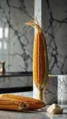 Sticker - corn on luxurious white marble table countertop in kitchen background ad concept copy space