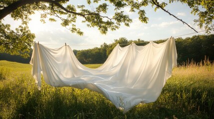 Clean bedsheets and pillowcases fluttering on a clothesline in the countryside, with plenty of room for text or branding.