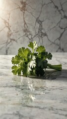 Canvas Print - parsley leaves on luxurious white marble table countertop in kitchen background ad concept copy space