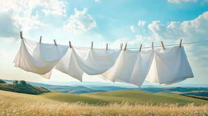 Wall Mural - Fresh bedsheets and pillowcases billowing on a clothesline against a backdrop of rolling hills and blue sky, with ample space for text.