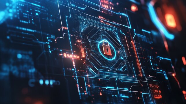 Futuristic network security concept with abstract geometric shapes and locks, with lots of space for text.