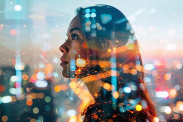 Wall Mural - Businesswoman in a double exposure with futuristic backgrounds.