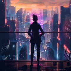 Wall Mural - Businesswoman in a futuristic cityscape.