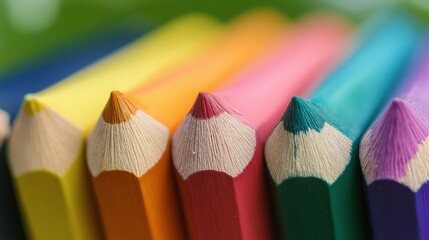Poster - A row of colored pencils with the tip cut off. The pencils are in a rainbow order, with the yellow pencil on the left and the purple pencil on the right