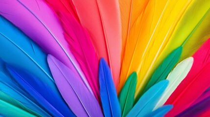 Poster - A colorful feather arrangement with a rainbow of colors. The feathers are arranged in a way that creates a sense of movement and flow. The image conveys a feeling of freedom and natural beauty