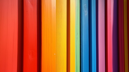 Poster - A row of wooden boards painted in a rainbow of colors. The colors are bright and vibrant, creating a cheerful and lively atmosphere. The arrangement of the boards suggests a sense of order