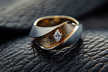 Sophisticated two-tone gold ring with a marquise diamond on a black leather background 