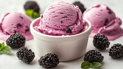 Wall Mural - A cup of blackberry fruit ice cream surrounded by blackberry fruits