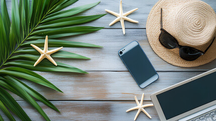 Poster - Top view laptop computer, Smart phone, Hat, sunglass, starfish, and tropical palm tree leaves on wood table background, Flat lay Minimal summer holiday vacation 