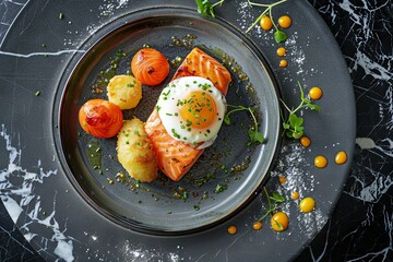 Wall Mural - Trout Fillet and Poached Egg with Warm Potatoes, Arancino and Smoked Salmon, Sliced Red Fish