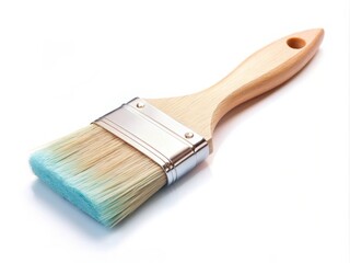 Soft light blue paintbrush with delicate bristles and wooden handle lies isolated on a clean white background, evoking creativity and artistic watercolor possibilities.