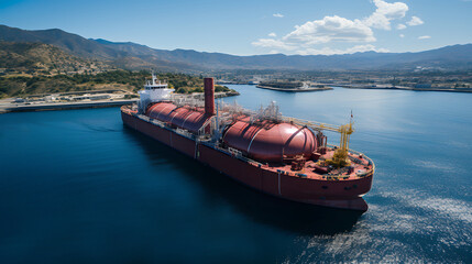 Liquified natural gas tanker anchored in small gas terminal island with tanks for storage. Aerial drone photo. Advanced liquefied gas carrier.