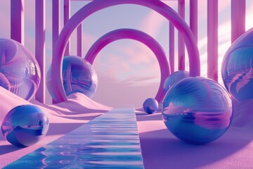 Wall Mural - 3D render of a surreal, futuristic landscape with metallic spheres, a reflective path, and purple arches. Perfect for abstract, sci-fi, or fantasy backgrounds.