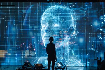Poster - Futuristic Digital Interface with Human Silhouette and AI Head Projection