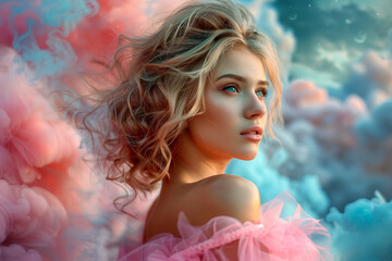 A woman with blonde hair and blue eyes stands in front of a cloud of pink, blue, and purple smoke