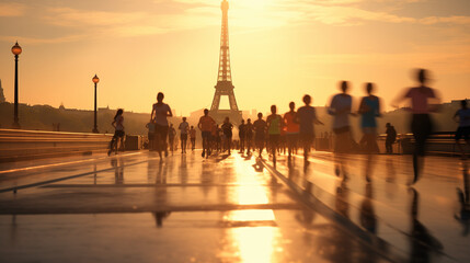 running people motion blur, Eiffel tower in background