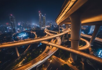 Wall Mural - flyover curvy moving bangkok highway road view forward night cityscape scene apply blur motion effec