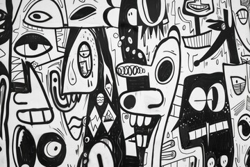 Wall Mural - Abstract black and white mural featuring stylized faces and exaggerated features in a chaotic arrangement