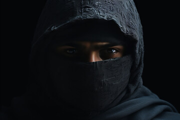 mysterious young man in black hood, partially obscured face with scarf. ninja or assassin warrior