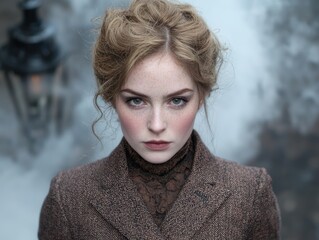 Poster - Thoughtful woman with windblown hair in winter coat