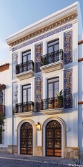 Canvas Print - Exterior Design of White Building with Mosaic Tiles and Intricate Doors