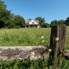 Wall Mural - Idyllic rural farmhouse scene with wooden fence and wildflowers