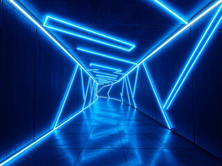 Aufkleber - A futuristic hallway illuminated with blue neon lights creates an immersive visual experience, showcasing sharp angles and a sleek design.