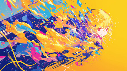 Poster - An energetic artwork featuring a girl with flowing hair amidst bright splashes of color against a vibrant yellow background, capturing movement.