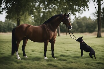 Poster - dog background bay horse black agricultural animal beautiful beauty breed brown farm french friends labrador man pet ponytail portrait ranch rural stable fast stud tail together