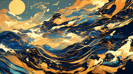 Poster - A dynamic artwork of swirling ocean waves in rich blues and golds, capturing the essence of movement and energy in nature.