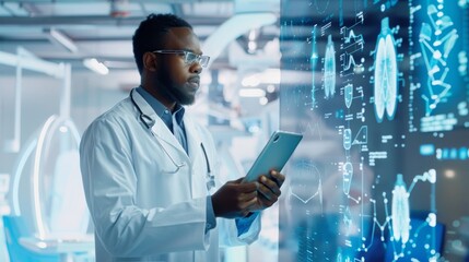 Poster - Doctor Using Tablet in Futuristic Medical Facility with Digital Interface
