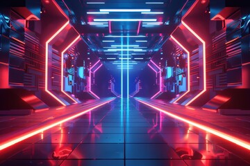 Wall Mural - Futuristic Sci-Fi Corridor with Neon Lights. Abstract Cyberpunk or Gaming Background