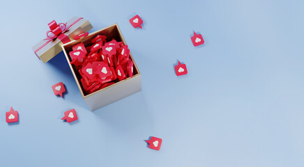 gift box full of heart shape icons candies. golden box with red ribbon bow. concept of social media popularity and fame. 3d render illustration