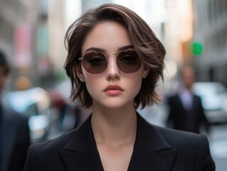 Poster - Stylish woman in sunglasses on city street