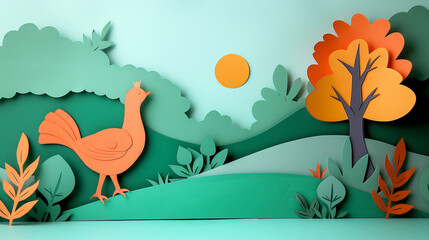 Paper cut design of turkey, colorful vibrant card for children, copy space banner